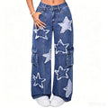 American washed star jeans for women, high waist, multiple flap pocket pantsloosecasual wide-leg pants, mopstraight-leg jeans