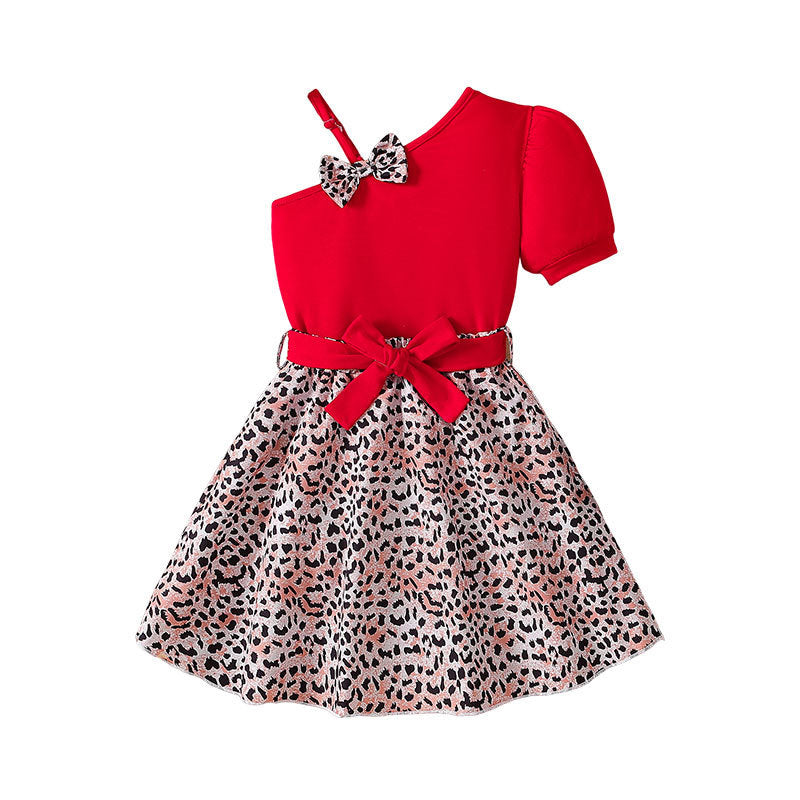 girl summer red shoulder suspender bowstops leopard print short skirt with same color belt suit