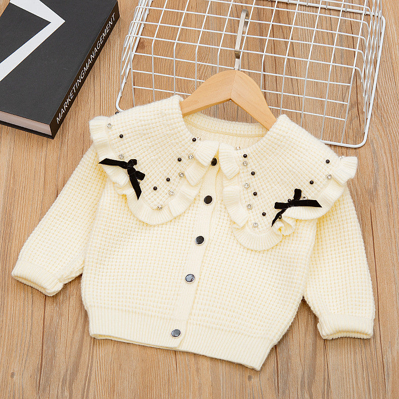 Sweatertwo-piece set5girlswearknittingsuit skirt baby girl lapel pearl cardiganoutwearlong sleevesk-style children's clothing