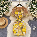 High-end women's summer dress - french vintage v-neck lantern sleeve, heavily embroidered mesh, cinched waist, puff sleeve dress