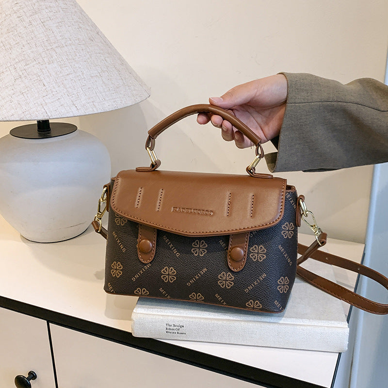 High-end retro print handbag for women, 2025 new color block fashion tote bag, shoulder bag, crossbody commuter small square bag
