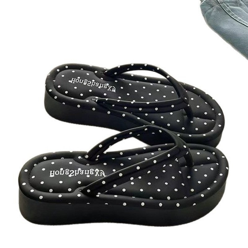 Korean retro polka dot platform flip-flops - women's summer outdoor fashion hot style beach thong sandals for vacation