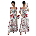 Women's summer new french chic romantic floral print square neck short sleeve cinched waist a-line maxi dress