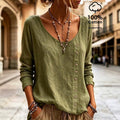 European and american style retro solid color long sleeve top with a deep v-neck and asymmetrical button design, casual loose fit cotton linen blouse