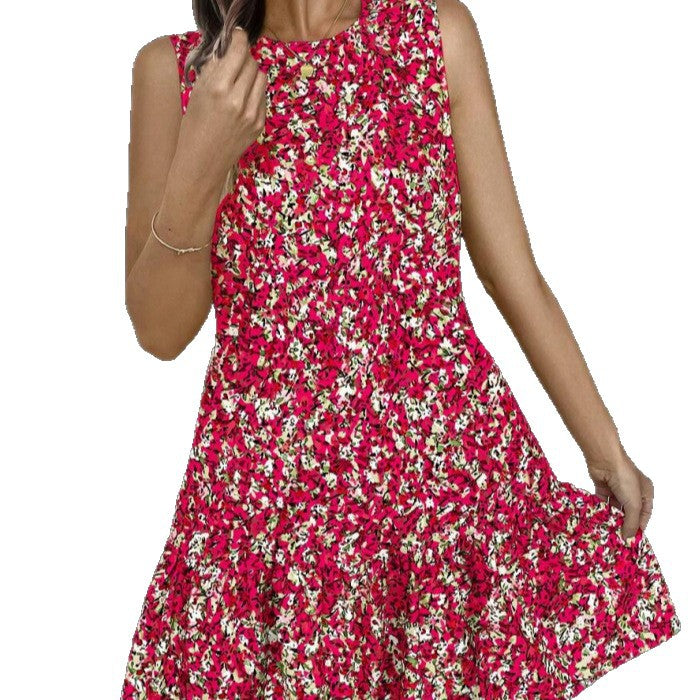 Women's european and american style floral sleeveless solid color round neck ruffle hem casual dress