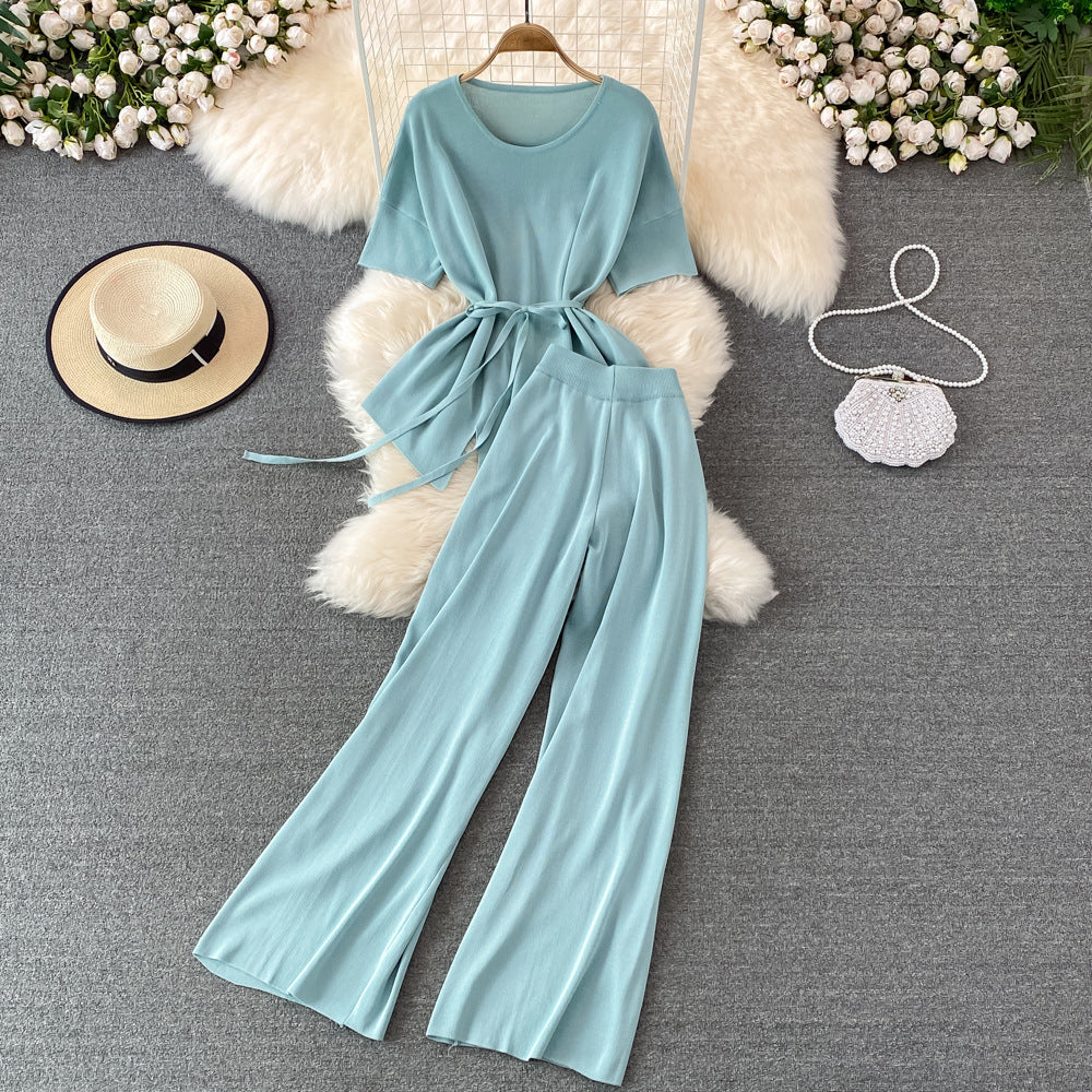 Fashionsuit goddess style asymmetrical round neck waist knittingtopstwo-piece sethigh waistslimming lookloose pantspants