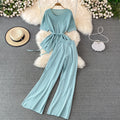 Fashionsuit goddess style asymmetrical round neck waist knittingtopstwo-piece sethigh waistslimming lookloose pantspants