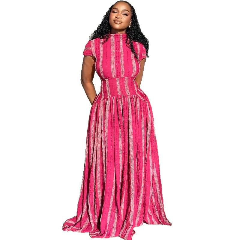 European and American  women's clothing 2025 autumn new fashionable fresh semi-turtleneck waist striped pleated dress dress