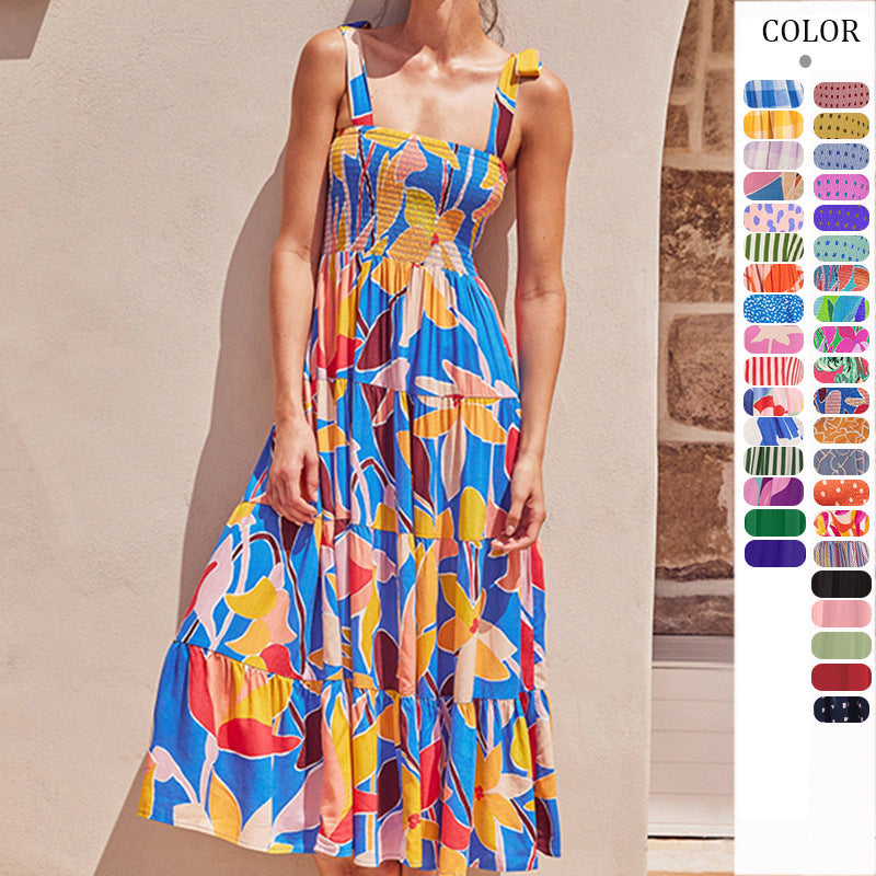 cross-border fashion summer women's  commuter sleeveless spicy girl print long slip dress
