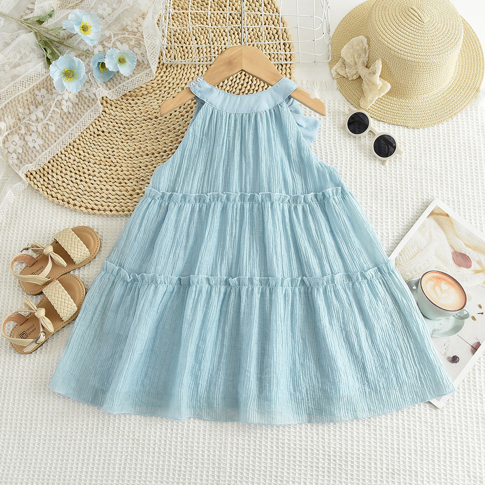 summer new girls' blue tiered korean style cross-border bow chiffon halter princess dress