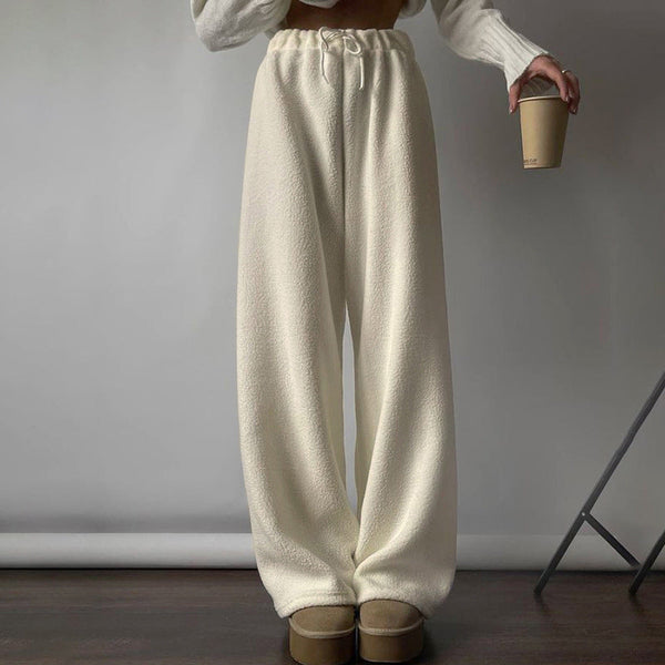 Europe, America 2024 autumn and winter new products comfortable and warm fleece elastic waist drawstring design solid color versatile casual trousers