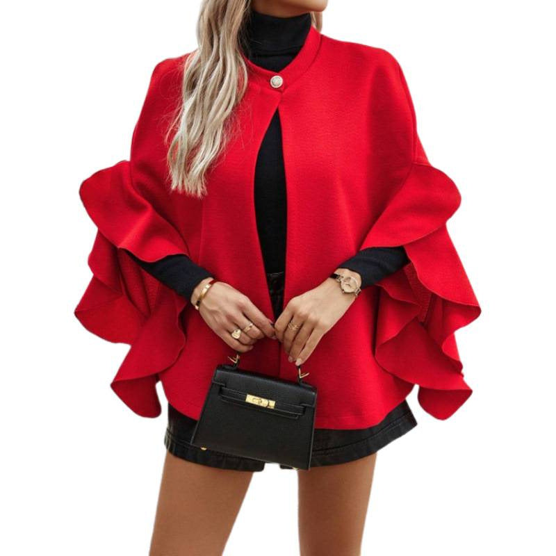 women's ruffle sleeve cape oversized coat - stand collar, single button, relaxed fit