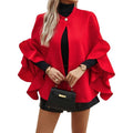 women's ruffle sleeve cape oversized coat - stand collar, single button, relaxed fit