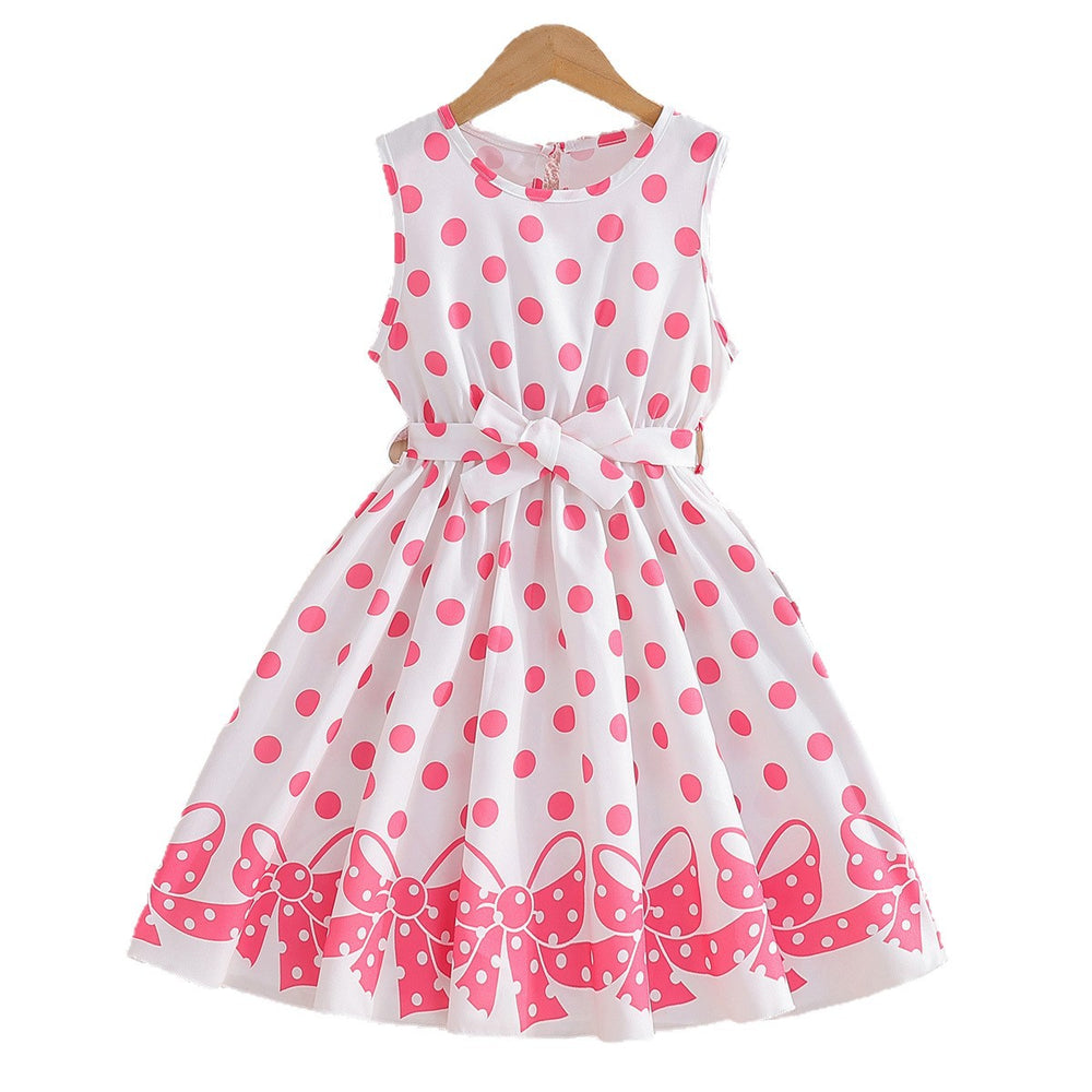 summer girls' sleeveless sundress - pink polka dot bow print with belted waist