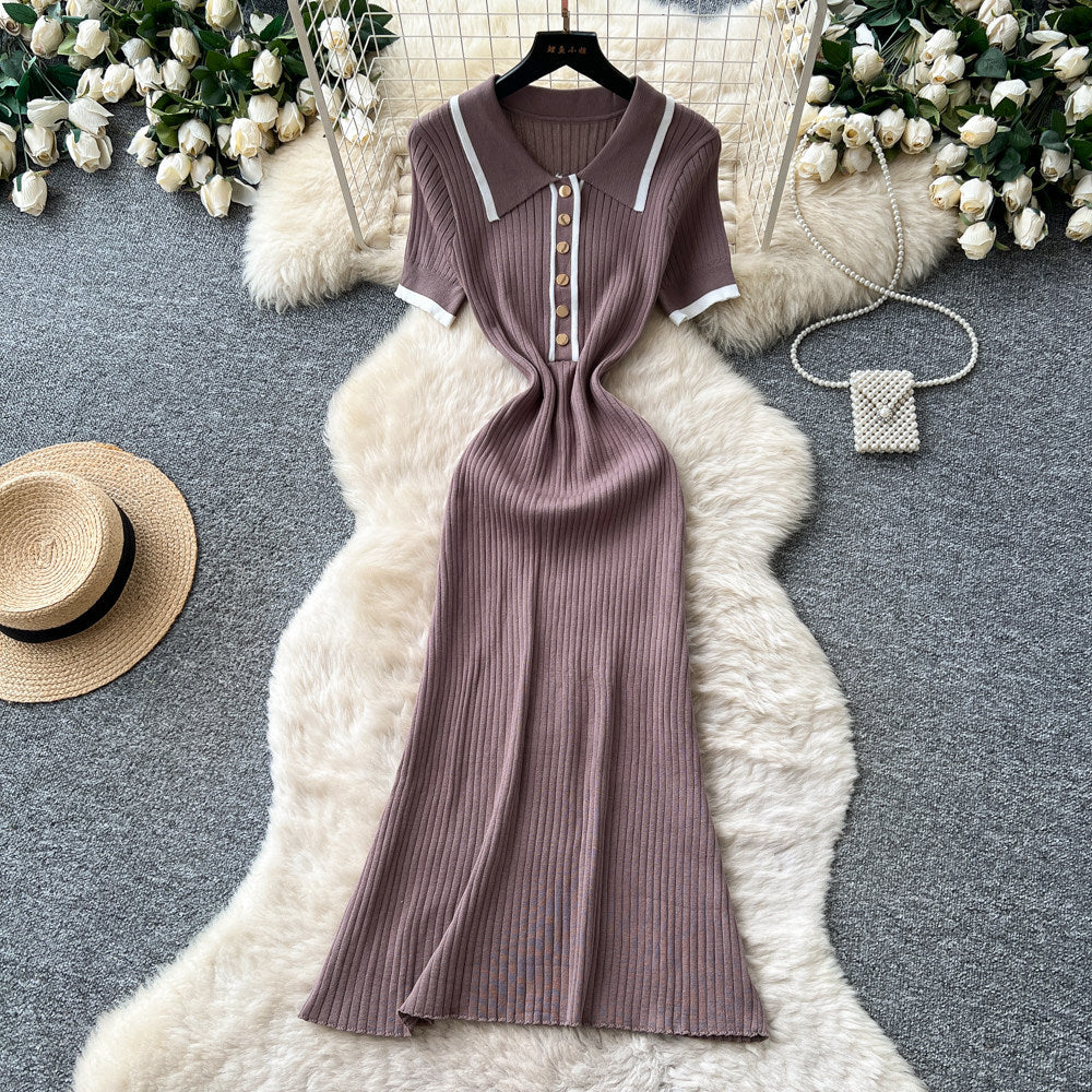 Korean style commute knit sweet & chic dress - women's short sleeve polo collar slim fit a-line dress - high-end design