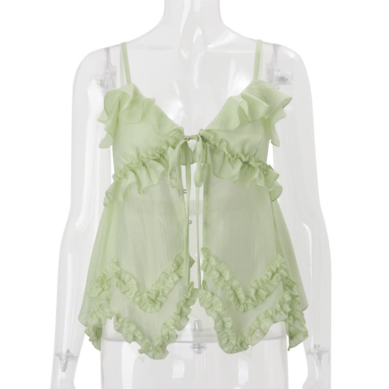 European and american women's clothing  summer new sexy hot girl v-neck low-cut ruffle chiffon see-through camisole top