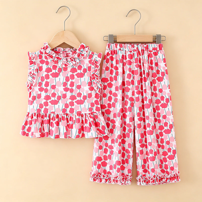 Girls' rayon outerwear set - cartoon print, loungewear, loose fit, breathable, cute summer lightweight lace pajamas