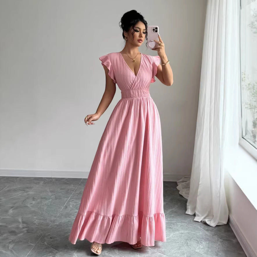 fashion cross-border french elegant waist v neck long dress pink dress
