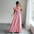 fashion cross-border french elegant waist v neck long dress pink dress