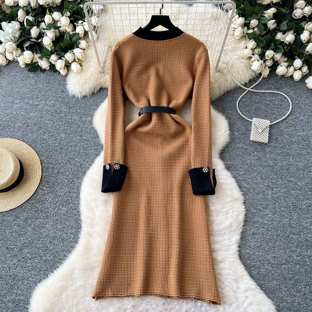 Fall and winter tweed stylelong sleeveselegantdress socialiteelegance metal button decoration waist slit knitting long skirt