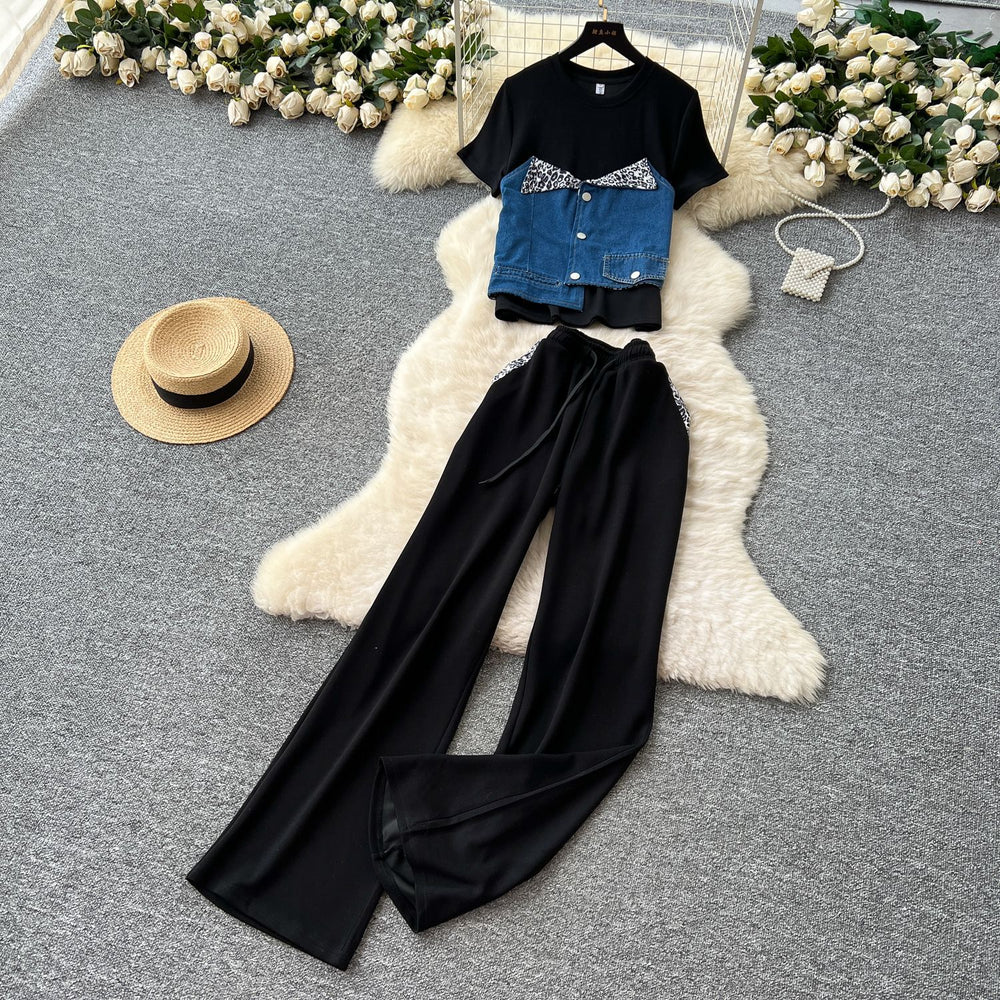 Casual outfit set for women: summer designer denim patchwork short-sleeve top and high-waisted wide-leg straight pants set