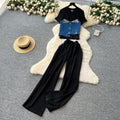 Casual outfit set for women: summer designer denim patchwork short-sleeve top and high-waisted wide-leg straight pants set