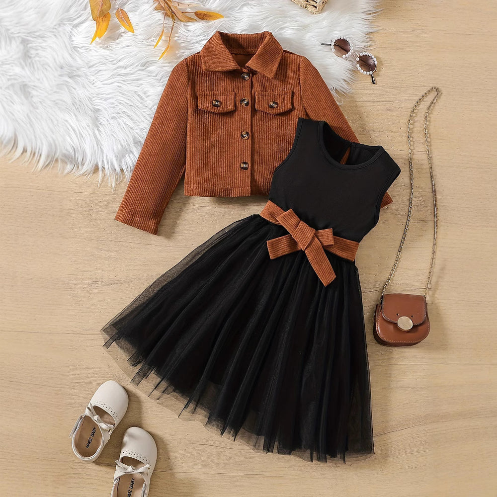 Girls' corduroy jacket and skirt set - coffee brown single-breasted long sleeve top with mesh skirt - kids' two-piece outfit