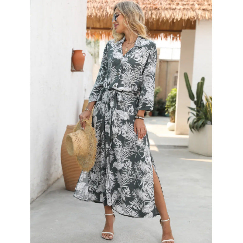 european and american fashion v-neck printed tie-strap long sleeve dress - women's slimming longline shirt dress