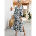 european and american fashion v-neck printed tie-strap long sleeve dress - women's slimming longline shirt dress