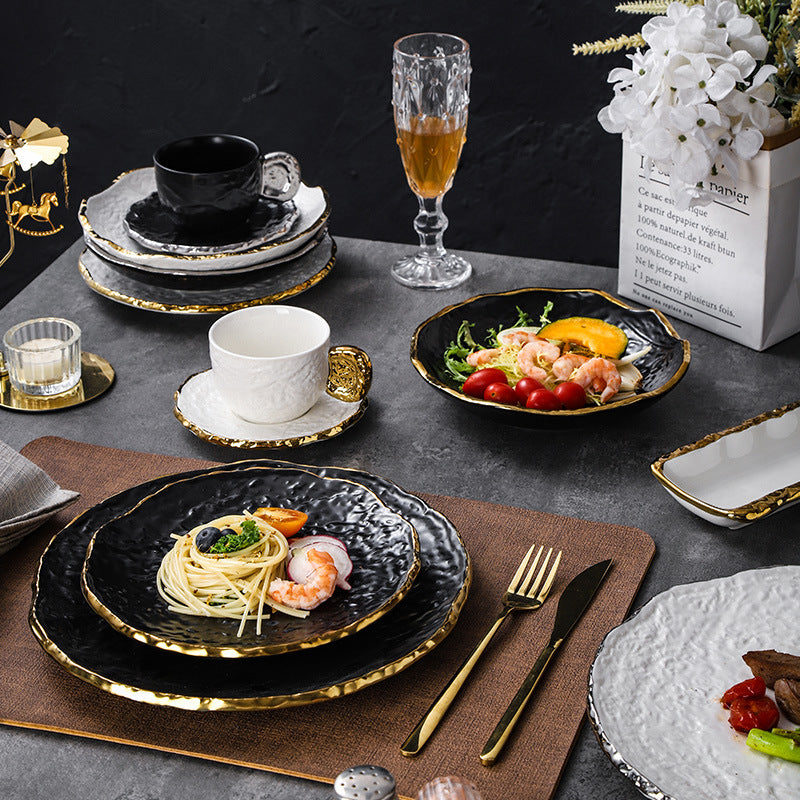 Luxury retro-style irregular ceramic dinnerware set with embossed gold trim – perfect for home, restaurant, and hotel table settings