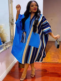 African ethnic patchwork dress - batwing sleeve v-neck pocket color block satin bubu robe dress