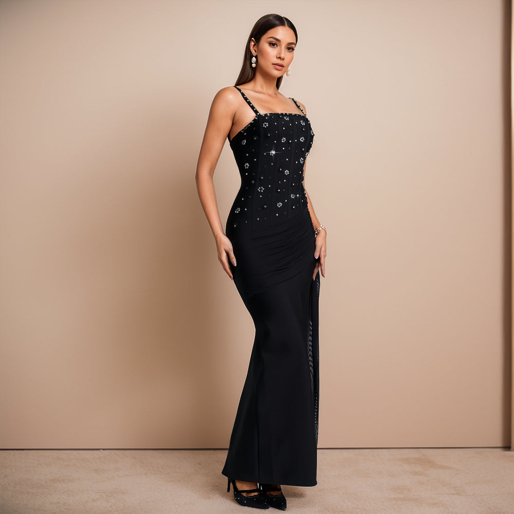 C7775 cross-border  new women's rhinestone-embellished camisole evening gown with ribbon detail, perfect for banquets, hostesses, and bodycon dresses