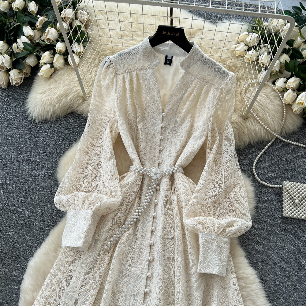 Frenchclassy stand collar v neck lantern sleeve lacedress women's waist slimming lookelegant single-breasted long skirt