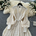 Frenchclassy stand collar v neck lantern sleeve lacedress women's waist slimming lookelegant single-breasted long skirt