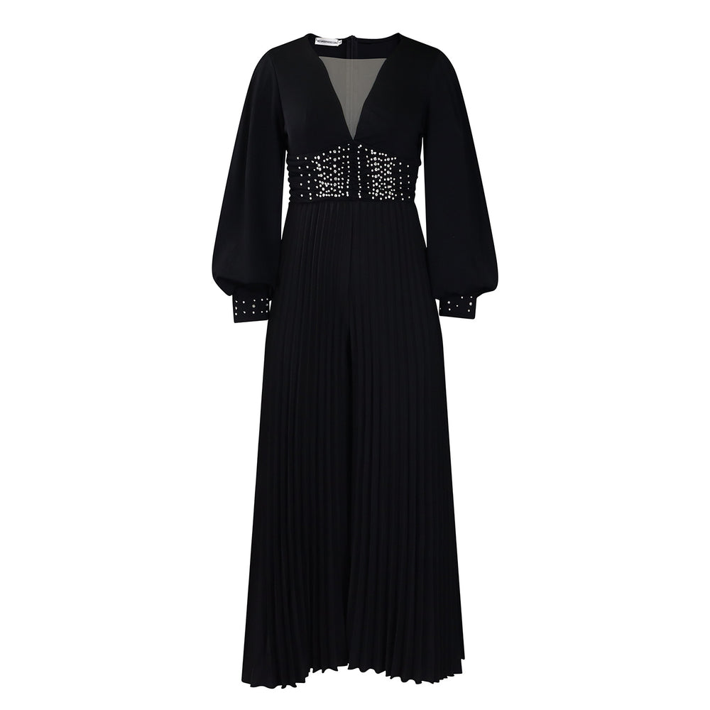 C8603 european and american plus size women's clothing  autumn/winter new long sleeve beaded sexy wide leg pleated african jumpsuit