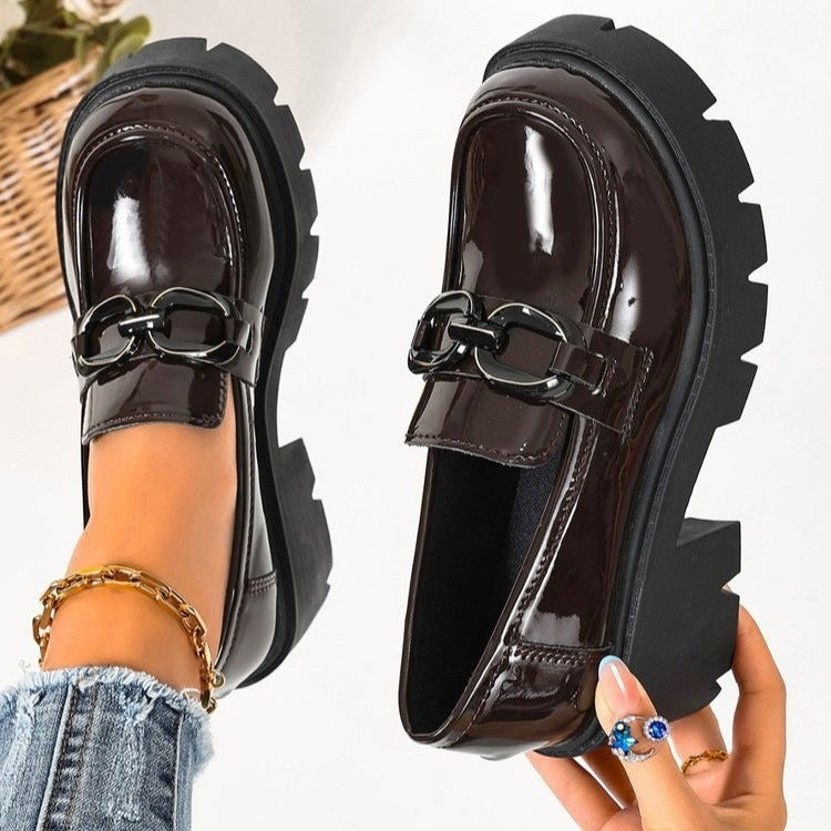 plus size high-heeled loafers  spring & fall new arrivalfashion metal chain thick sole slip-on leather shoes flats women