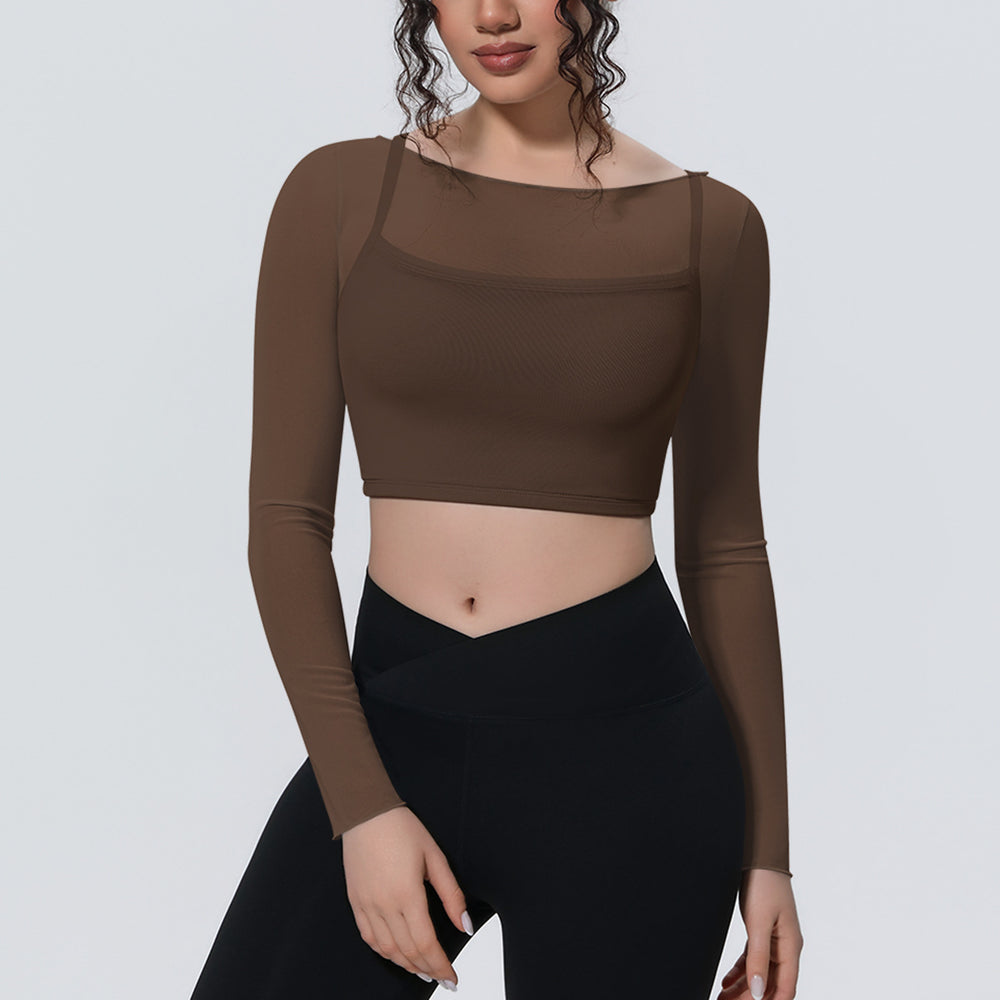 New arrival: solid color mesh double-layer breathable faux two-piece long sleeve casual activewear top for running, fitness, and yoga