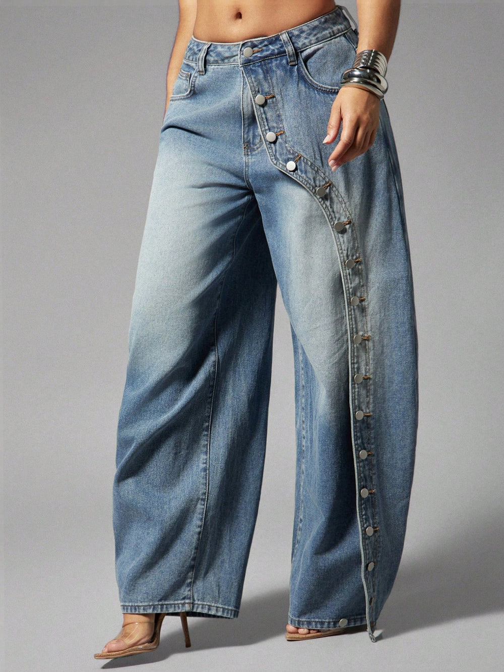 High street fashionjeans women's diagonal metal buckle loose pants gradient washed loosedraped denim moppants
