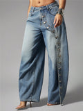 High street fashionjeans women's diagonal metal buckle loose pants gradient washed loosedraped denim moppants