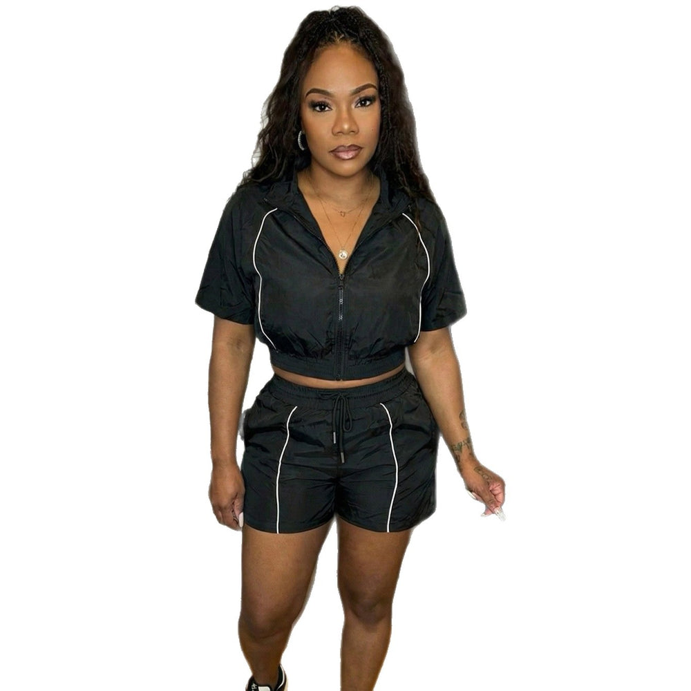 P391521 plus size women's striped two-piece set: casual activewear zip-up short sleeve top and drawstring shorts summer outfit