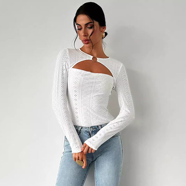 women's clothing simple and elegant style T-shirt autumn and winter fashion versatile commuter lace hollow long-sleeved top