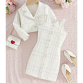 European style tweed girl's camisole set - turn-down collar long sleeve jacket & plaid autumn french two-piece dress