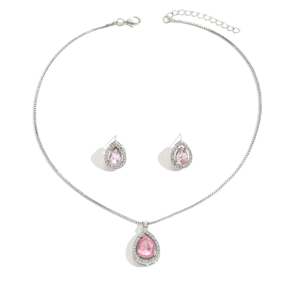 European and american cross-border fashion teardrop pendant jewelry set - women's pink sweet, light luxury, high-end necklace and earring set
