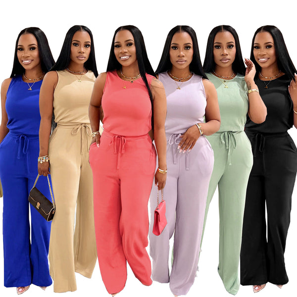 TW728 summer new versatile European and American fashion thin casual women's sleeveless lace-up solid color commuter jumpsuit