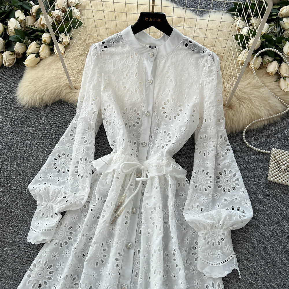 French fashion heavy industry cut outembroider round neck long sleeves single breasted dress women's bottoming shorts two-piece set