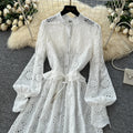 French fashion heavy industry cut outembroider round neck long sleeves single breasted dress women's bottoming shorts two-piece set