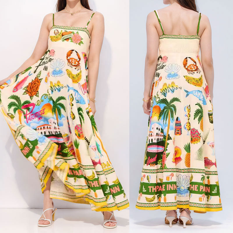 new european and american cross-border women's fashion sexy camisole graffiti linen print maxi dress - style 661