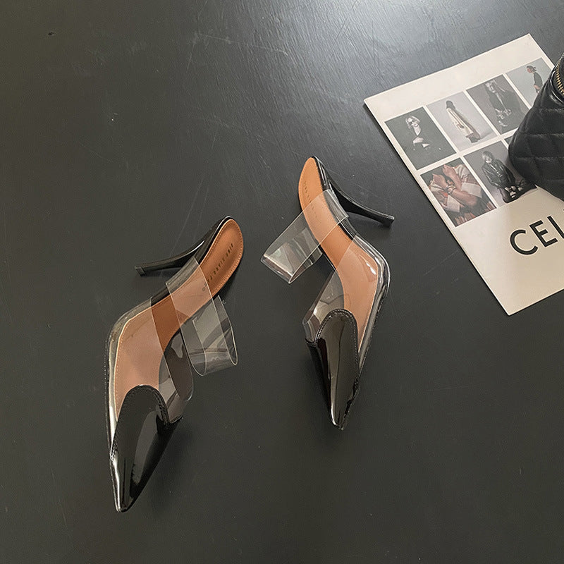 New arrivalfrench pointed toe transparent color matching high heels women's stiletto heel toe cap open back sandals fashioneasiest for match patent leather wholesale