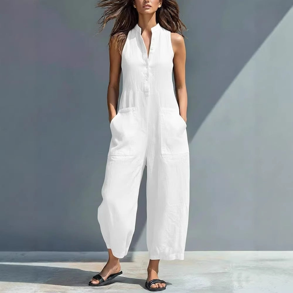 european and american women's clothing  independent station casual women's sleeveless stand collar pocket jumpsuit independent station black