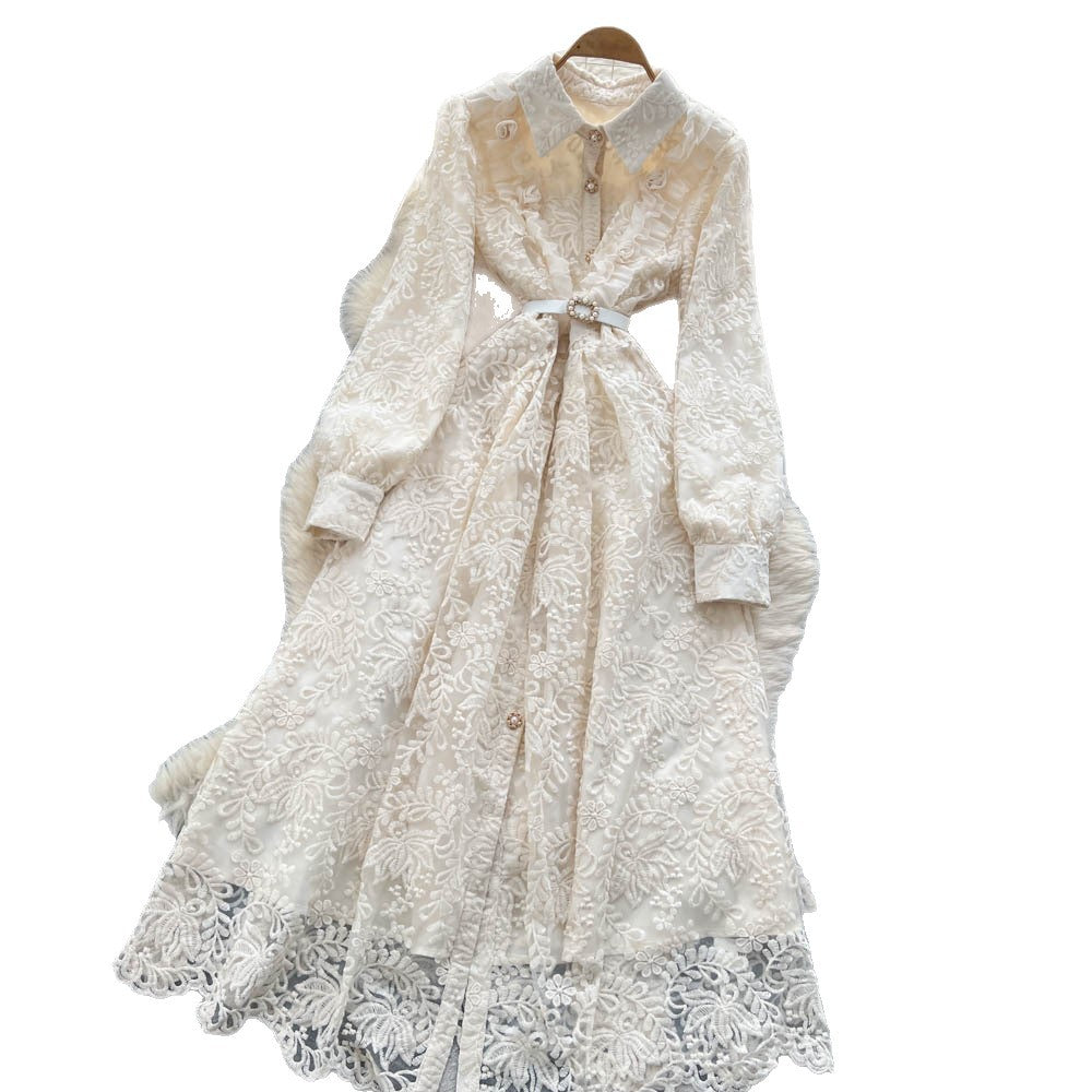 French chic elegant high-end embroidered mesh dress - women's autumn tie-waist single-breasted maxi dress